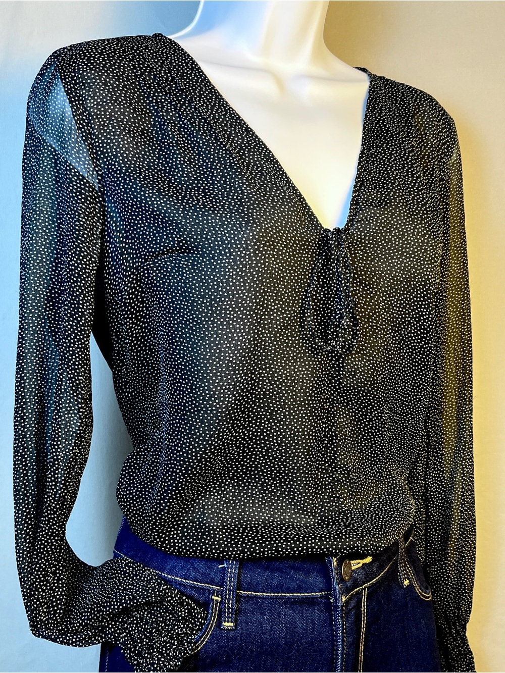 Abercrombie & Fitch Sheer Polka Dot Blouse Bodysuit Black Small Vintage Y2K